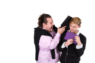 Funny student and teacher. White background. 