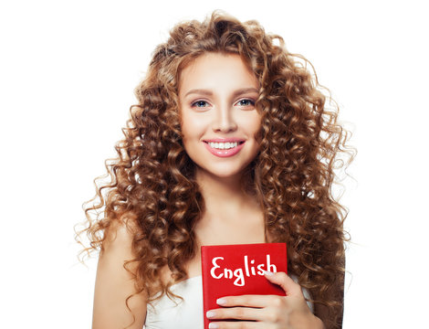 Happy woman student with English book isolated on white background. Learn language English concept - Powered by Adobe