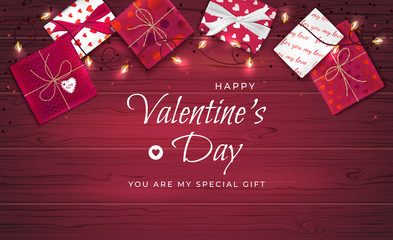 Happy Valentine's Day greeting background. Top view on gift boxes in different packaging, confetti in the form of heart, garland on a wooden table. Beautiful romantic love web banner. Vector 
