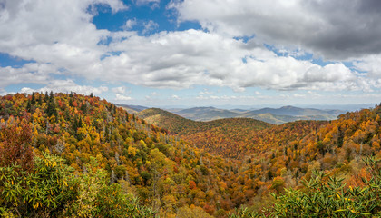 Blue Ridge mountains in late autumn color panorama landscape on the Blue Ridge Parkway in North Carolina
