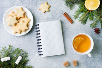 Cup of tea and cookies, pine branches, cinnamon sticks, anise stars. Christmas, winter concept. Flat lay top view