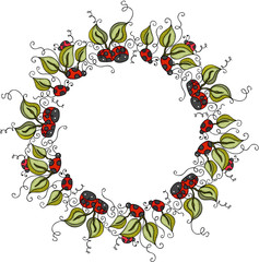 Naklejka premium Okrągła ramka z zielonymi liśćmi i biedronkami