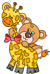 Cute teddy bear girl on the top of a friendly giraffe
