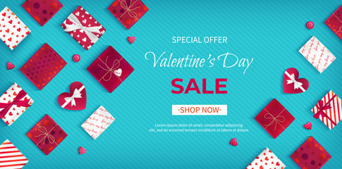 Special offer Valentine's Day Sale. Discount flyer, big seasonal sale. Horizontal Web Banner with many holiday gift Boxes in different packaging, heart candy on blue background. Vector Illustration.