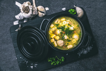 fresh vegetable soup on the feast day as a top view