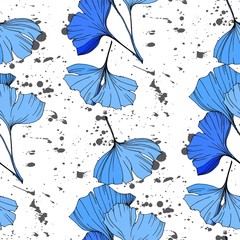 Vector Blue ginkgo leaf. Engraved ink art. Seamless background pattern. Fabric wallpaper print texture.