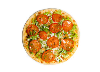 Delicious pizza served on wooden plate isolated on white