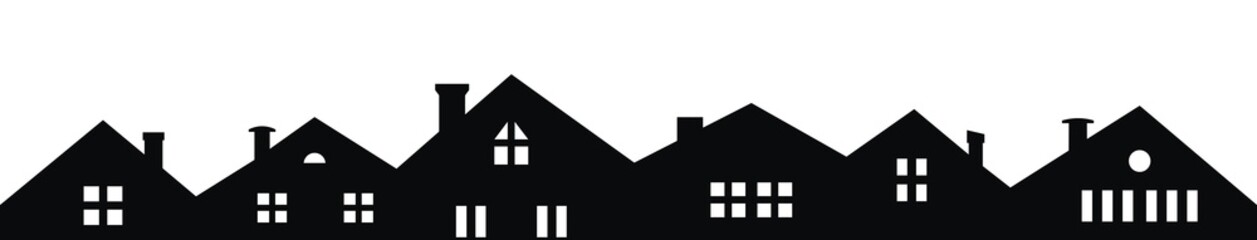 city, town, roofs and chimneys, vector icon, black silhouette