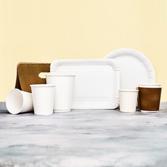 disposable paper dishes on peach backgrond. White cup for coffee, plate, holder for coffee with free copy space for logo, brand or text. Eco dishes