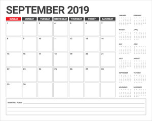 September 2019 desk calendar vector illustration