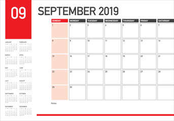 September 2019 desk calendar vector illustration