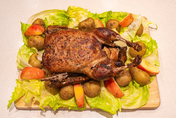 Christmas goose whole roasted and crispy on the cutting board with roasted potatoes, apples and brussels sprouts.