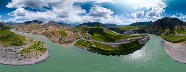 Aerial panorama of the river of Katun in the place of confluence with the river of Chuya. Altai Republic, Russia