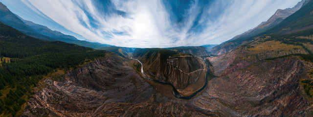 Aerial panorama of the Katu Yaryk mountain pass and the valley of the river of Chulyshman. Altai...