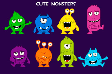 Vector collection of cute cartoon monsters, colorful and funny bacteria characters