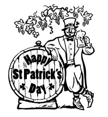 Happy St Patricks Day poster. Leprechaun character holding beer mug leaning on barrel with text under the branches of hops. Hand drawn sketc vector illustration.