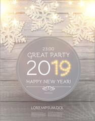 Hapy New 2019 Year Poster Template with Shining Snowflakes on Wood Texture.