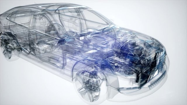 Holographic animation of 3D wireframe car model with engine and otter technical parts