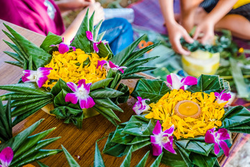 Flowered floating lanterns freshly made for Loi Krathong festival in Chiang Mai, Thailand