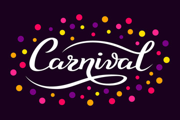 Hand drawn Carnival lettering logotype, badge, icon. Party, masquerade poster card, invitation. Celebration decorate. Banner colorful background. Feast vector lettering typography