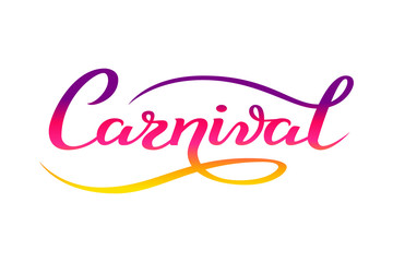 Hand drawn Carnival lettering logotype, badge, icon. Party, masquerade poster card, invitation. Celebration decorate. Banner colorful background. Feast vector lettering typography