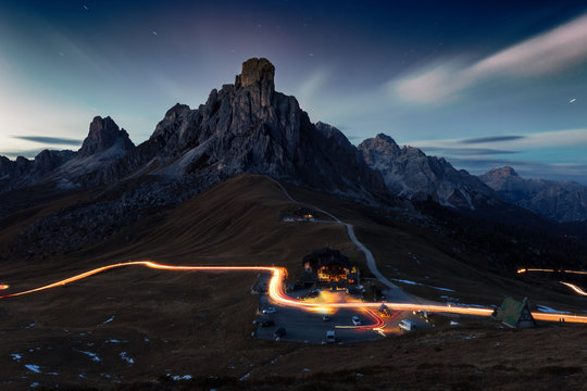 Passo Giau panoramic night view, Dolomites Alps, Italy