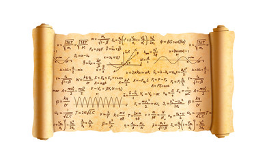 Old textured wide papyrus scroll with lot of hand-drawn complicated scientific formulas and calculations on white