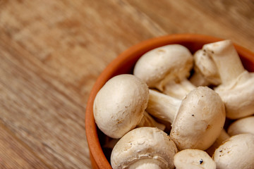 Fototapeta na wymiar Fresh white champignon mushrooms in brown ceramic bowl on wooden vintage table