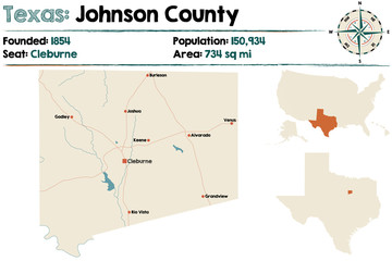 Detailed map of Johnson County in Texas, USA