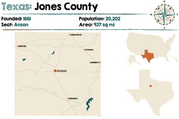 Detailed map of Jones County in Texas, USA