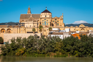 Fototapeta na wymiar Exterior of Mezquita (mosque- cathedral) with fence and lush green trees on shore of Guadalquivir river in Cordoba, Spain