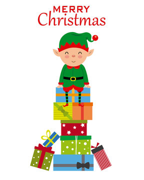 Christmas postcard Elf sitting on top of gifts