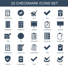 25 checkmark icons. Trendy checkmark icons white background. Included filled icons such as clipboard, tick, checklist, board, check list, shield. checkmark icon for web and mobile.