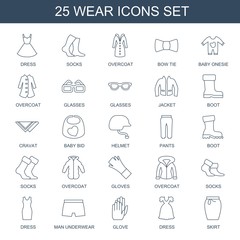 25 wear icons. Trendy wear icons white background. Included line icons such as dress, socks, overcoat, bow tie, baby onesie, glasses, jacket, boot. wear icon for web and mobile.