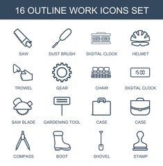 work icons. Trendy 16 work icons. Contain icons such as saw, dust brush, digital clock, helmet, trowel, gear, chair, saw blade, gardening tool, case. work icon for web and mobile.