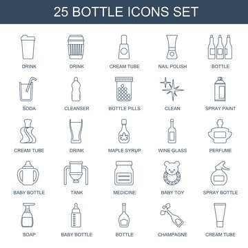 bottle icons. Trendy 25 bottle icons. Contain icons such as drink, cream tube, nail polish, soda, cleanser, bottle pills, clean, spray paint, maple syrup. bottle icon for web and mobile.