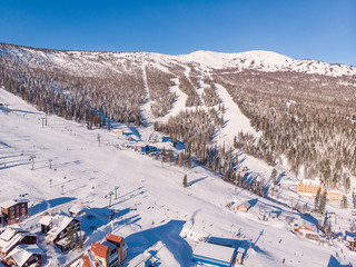 Fototapeta na wymiar Sheregesh panorama, Kemerovo, Russia, Aerial view drone mountains and forest