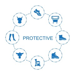 protective icons. Trendy 8 protective icons. Contain icons such as boot, cleaning tools, playpen, helmet, woman boots. protective icon for web and mobile.