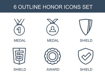 honor icons. Trendy 6 honor icons. Contain icons such as medal, shield, award. honor icon for web and mobile.