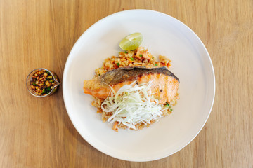 Garlic fried rice with grilled salmon.