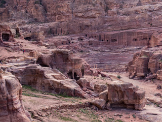Aerial view of the amphitheater, and stone caves in Petra, Jordan