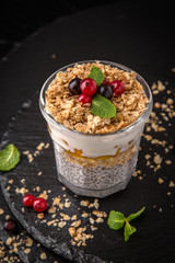 Сhia pudding or yogurt with granola, mango or peach. Healthy breakfast concept and idea. Detox and healthy superfoods.
