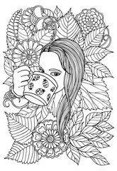 Girl and flowers. Page for coloring book. Doodles in black and white