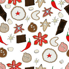 New year Seamless pattern.Endless texture.Christmas objects.Vector illustration.Cookies.Chocolate.Pepper.