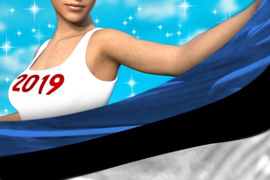 beautiful girl holds Estonia flag in front on the light blue colorful clouds - Christmas and 2019 New Year flag concept 3d illustration