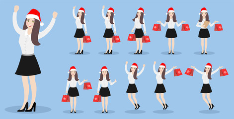 Character girl in a New Year's cap with Christmas gifts in various poses. Set of flat illustrations on a blue background.
