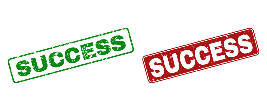 Grunge Success stamp seals. Vector Success rubber seal imitation in red and green colors. Text is placed inside rounded rectangle frames with grunge style.