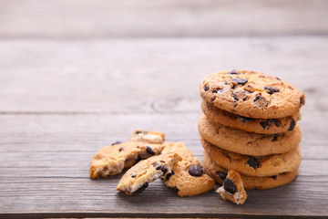 Chocolate cookies on grey table. Chocolate chip cookies shot