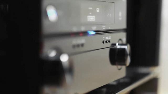 Music Receiver Pioneer. Amplifier button control of audio system for music background. Hi-Fi stereo system musical player, multimedia center. Home theater.