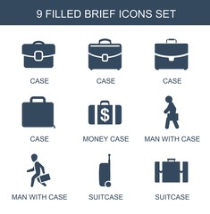 9 brief icons. Trendy brief icons white background. Included filled icons such as case, Money case, man with case, suitcase. brief icon for web and mobile.